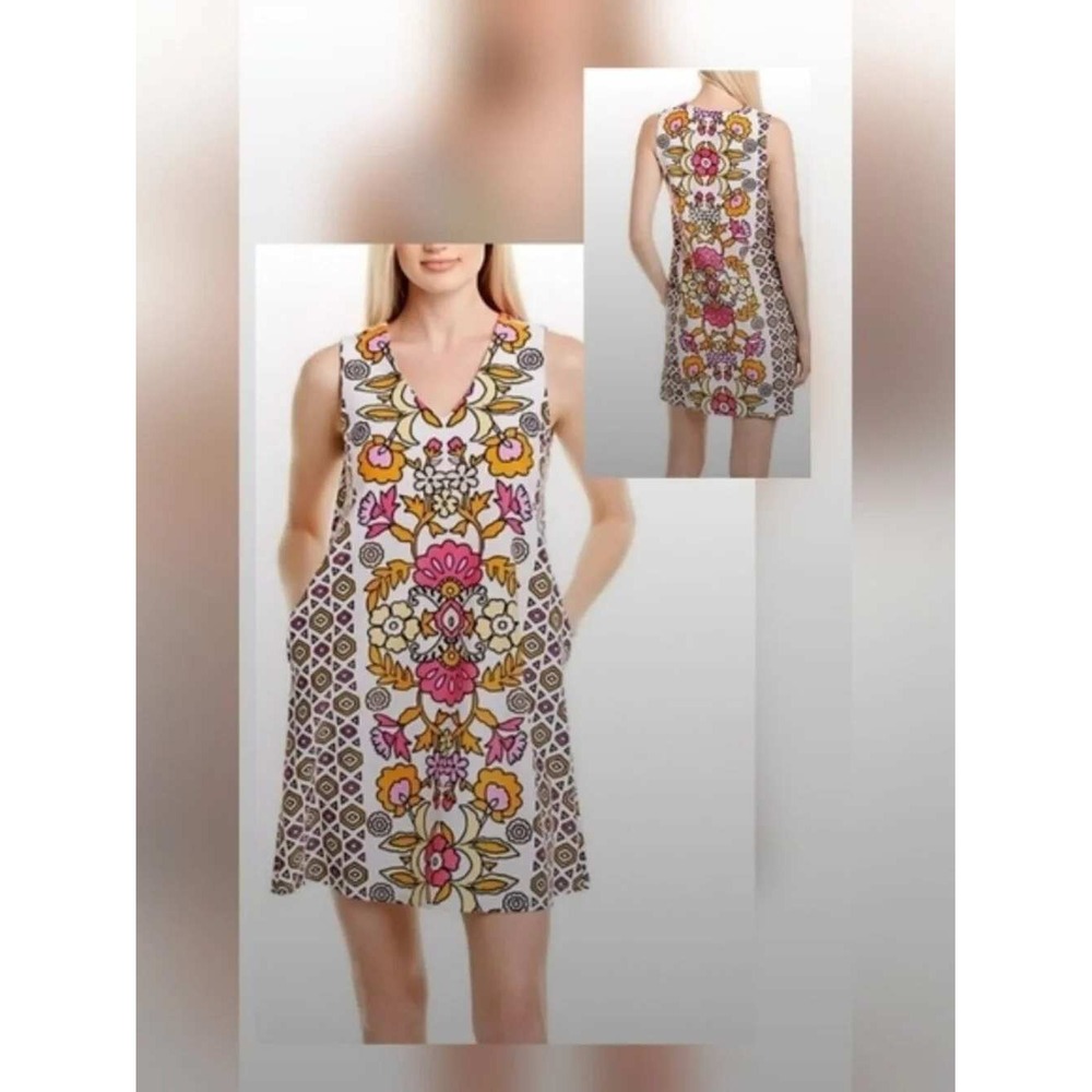 Jude Connally Womens Floral Geometric V-Neck Shift Dress Pink Orange Size L
